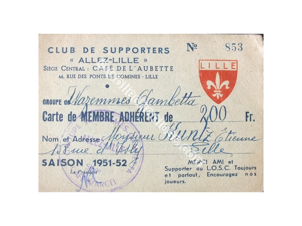 Carte abonné foot LILLE LOSC supporters 1951/1952